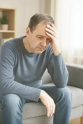 Thoughtful man sitting on the edge of a bed